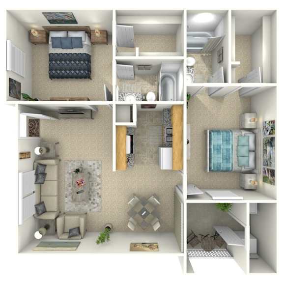 A 3D rendered image of a small apartment with various rooms and furniture.