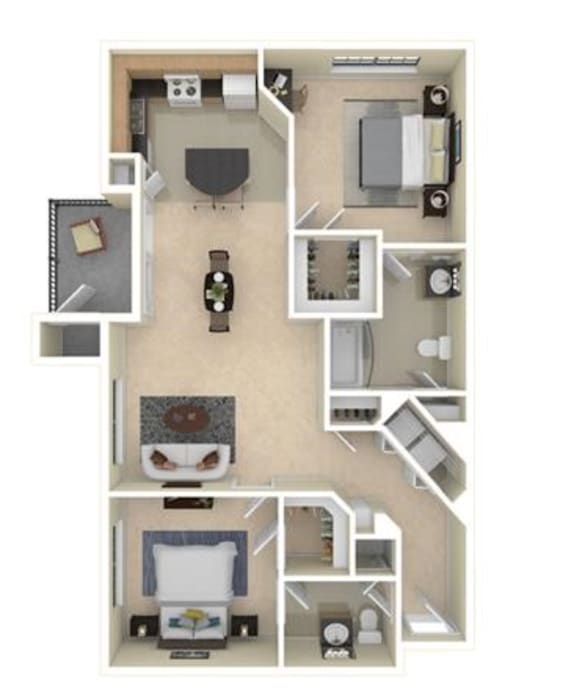 A floor plan of a small apartment with a kitchen, living room, and bedrooms.