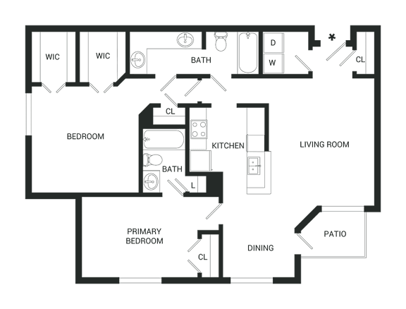 A floor plan of a house with a living room, kitchen, dining room, and two bedrooms.