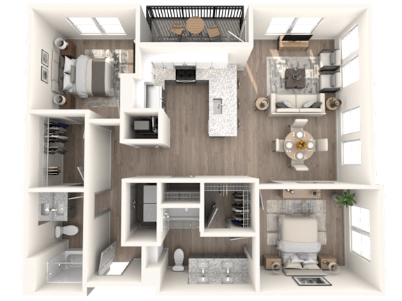 A 3D floor plan of a house showing the layout of the rooms.