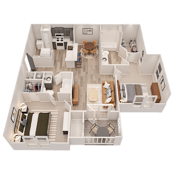 A 3D floor plan of a house showing a living room, kitchen, and two bedrooms.