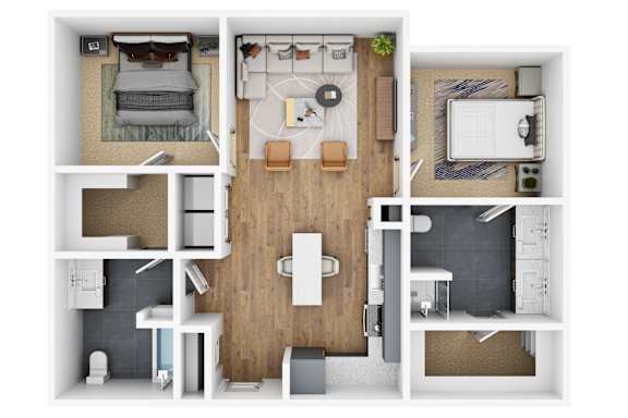 A top-down view of a small apartment layout with a kitchen, living room, and bedroom.