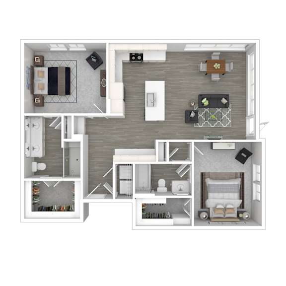 A top-down view of a modern apartment layout with a kitchen, living room, and bedrooms.