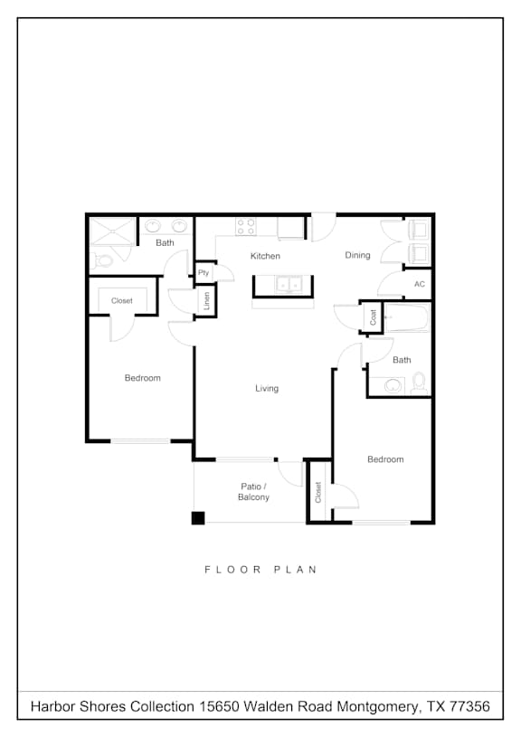 A floor plan of a house with a kitchen, dining room, living room, and two bedrooms.