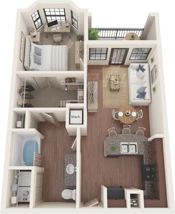 A dollhouse with a living room, kitchen, and bathroom.