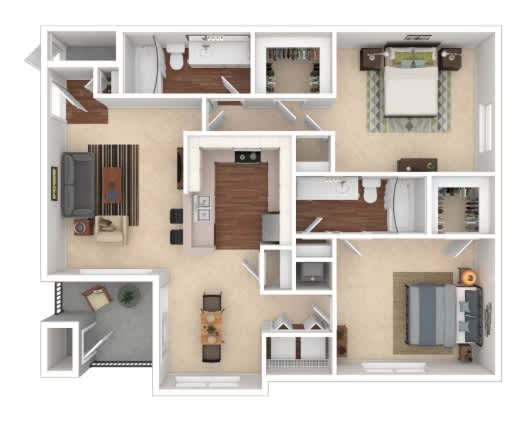 A 3D floor plan of a small apartment with a kitchen, living room, and bedrooms.