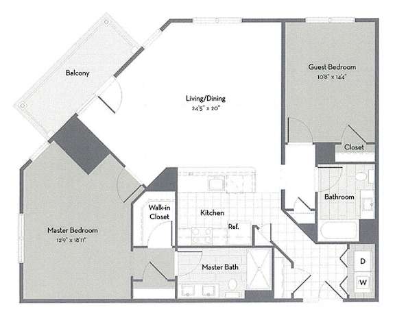 From the entry door at the bottom right, the kitchen is directly ahead on the right, opening into the living room on the left with balcony access. The first bedroom is at the top left with an attached bathroom. The second bedroom is at the top right with a bathroom located just outside the bedroom door off the hallway.
