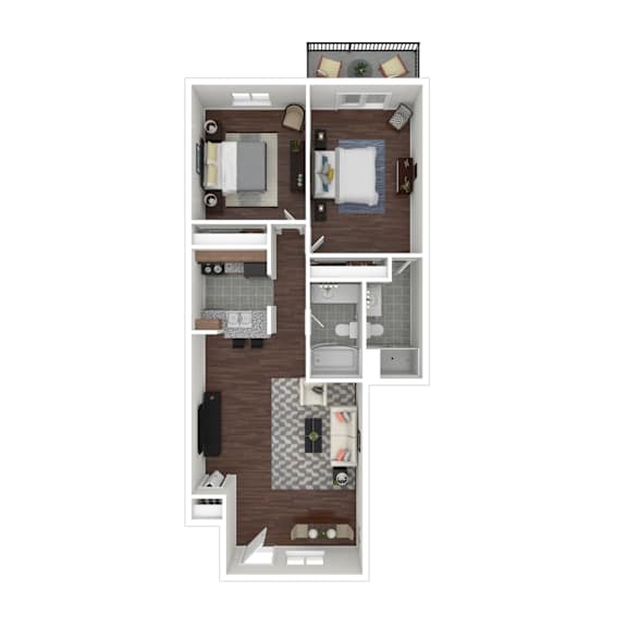 A floor plan of a small apartment with a kitchen, living room, and two bedrooms.
