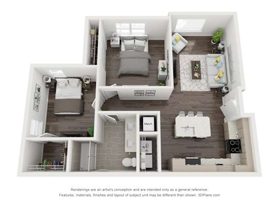 A 3D floor plan of a house with a kitchen, living room, and two bedrooms.