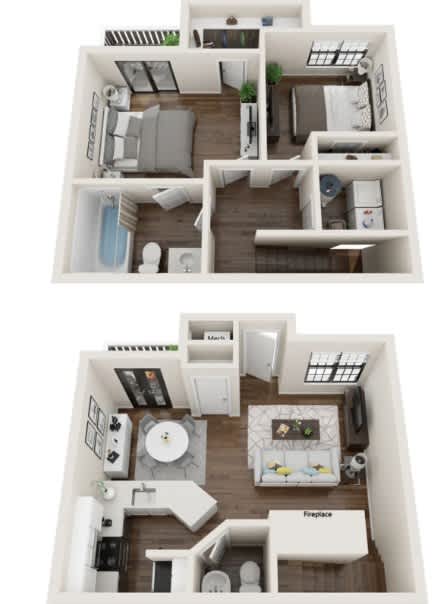 A floor plan of a small apartment with two bedrooms and a living area.