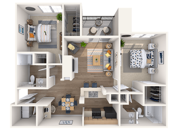 A 3D floor plan of a small apartment with a kitchen, living room, and bathroom.