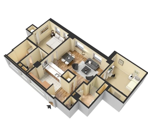 A 3D floor plan of a house with a kitchen, living room, and two bedrooms.