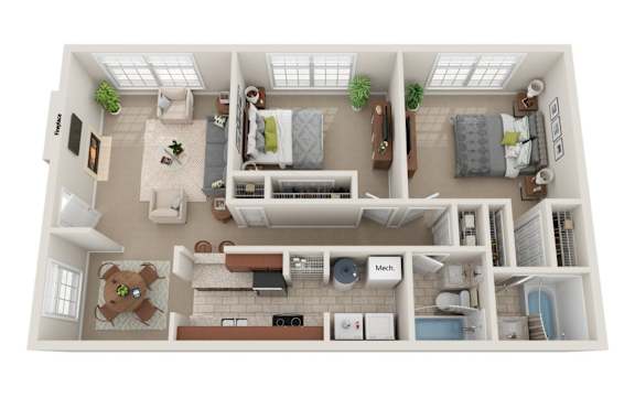 A top-down view of a two-bedroom apartment with a living room, kitchen, and bathroom.