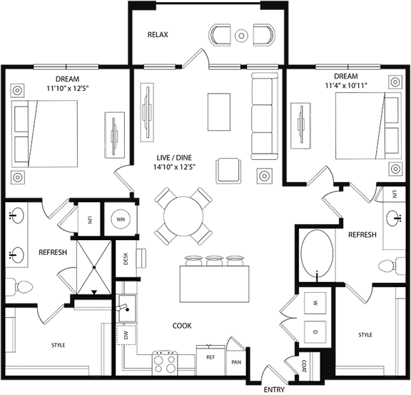 A black and white floor plan of a house with labeled rooms such as RELAX, DREAM, LIVE/DINE, and COOK.
