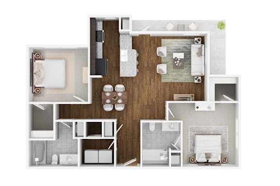 A floor plan of a house with a kitchen, living room, and two bedrooms.