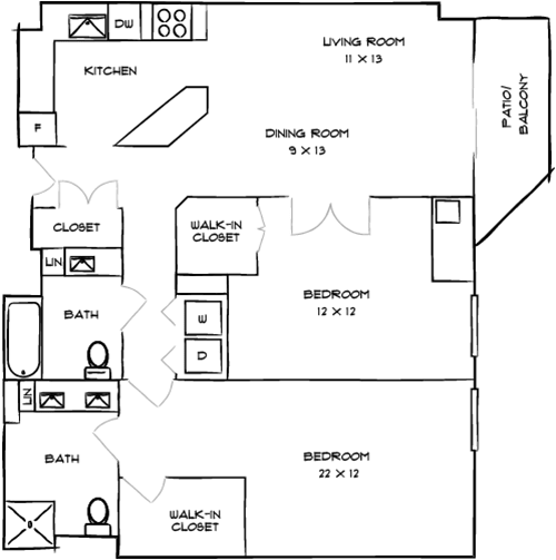 A floor plan of a house with a kitchen, two bathrooms, and a walk-on closet.