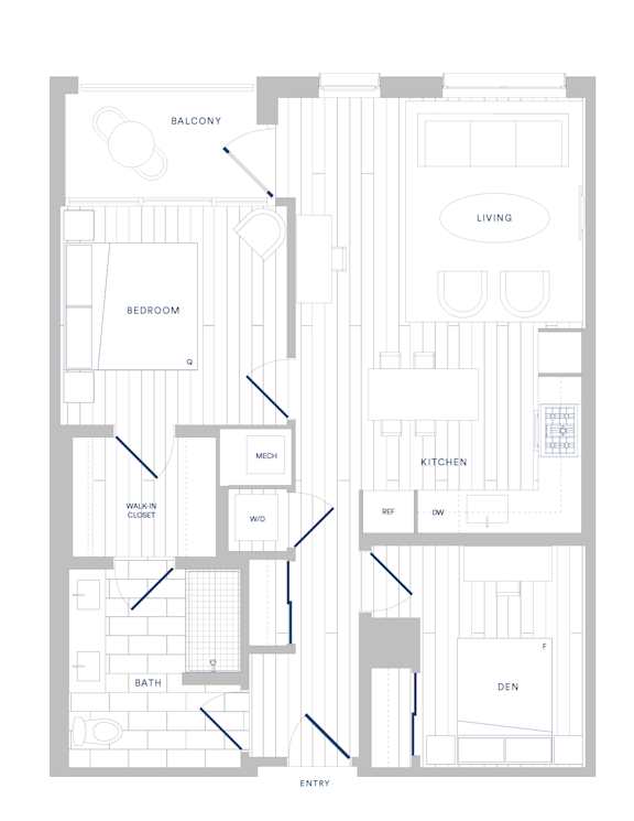 A floor plan of a house with labeled rooms such as bedroom, kitchen, and bath.