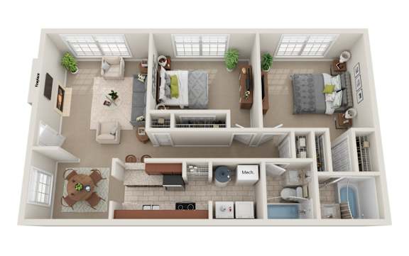 A top-down view of a two-bedroom apartment with a living room, kitchen, and bathroom.