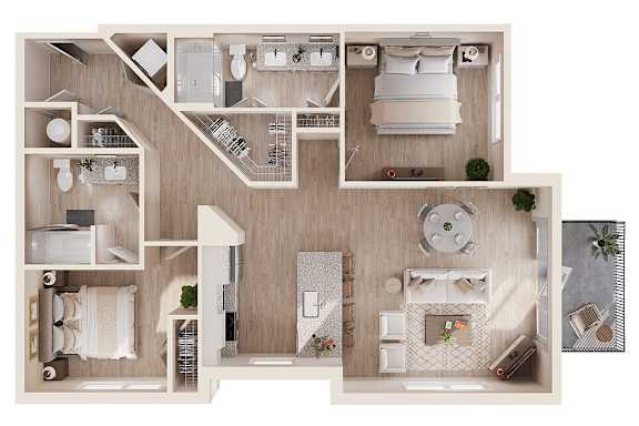 A 3D floor plan of a house with a kitchen, living room, and bedrooms.