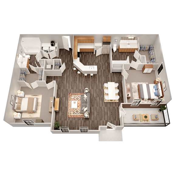 A top down view of a house interior with a living room, dining room, kitchen, and bedrooms.