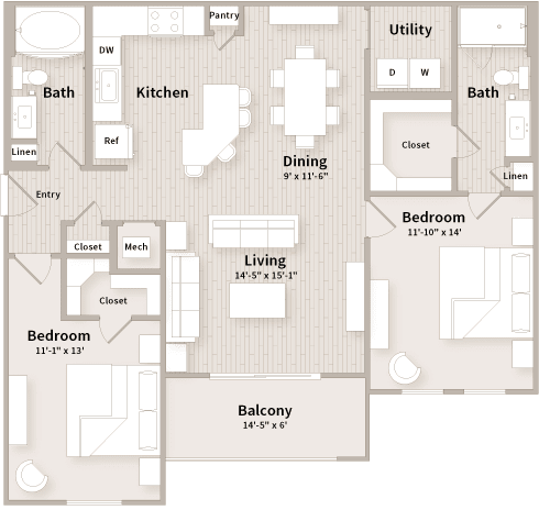 A floor plan of a house with a living room, dining room, kitchen, and two bedrooms.