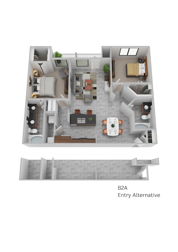 A floor plan of a two-bedroom apartment with an alternative entry.