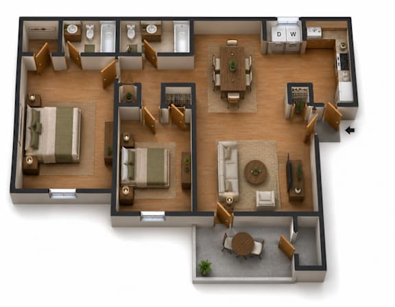 A top down view of a house layout with a kitchen, living room, dining room, and bathrooms.