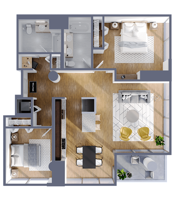 A top-down view of a house layout with a kitchen, living room, and bathroom.