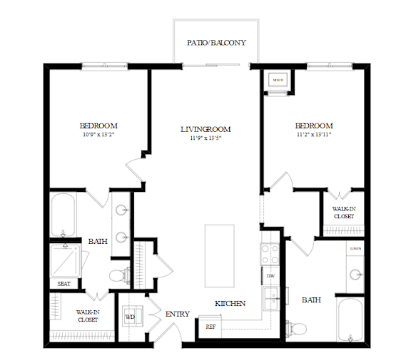 A black and white floor plan of a patio/balcony with three bedrooms, a living room, a kitchen, a dining room, a bathroom, a pantry, a walk-in closet, and a patio