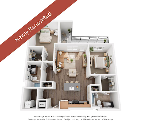 A 3D rendering of a newly renovated apartment layout.