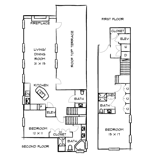 A floor plan of a two-story house with labeled rooms and dimensions.