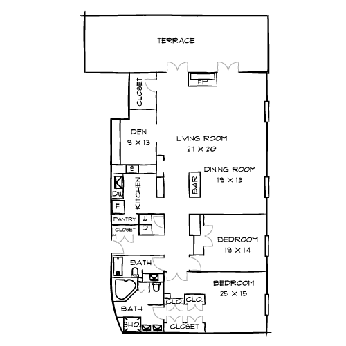 A floor plan of a house with labeled rooms and dimensions.