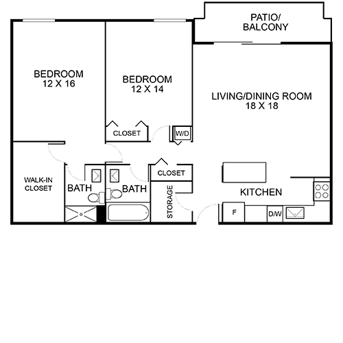 A floor plan of a house with a living/dining room, two bedrooms, a patio/balcony, and a kitchen.