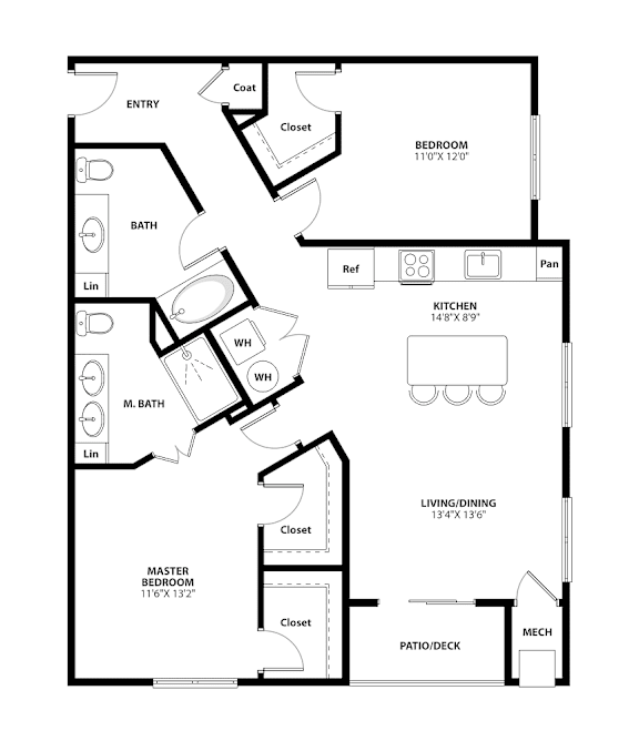 A floor plan of a house with a master bedroom suite and a kitchen.