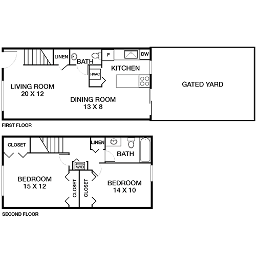 A floor plan of a two-story house with a living room, dining room, kitchen, and two bedrooms.