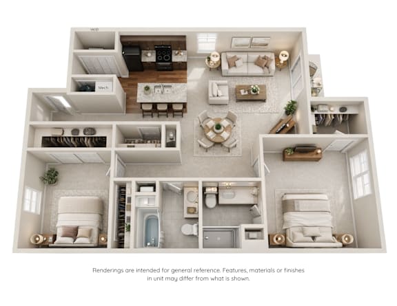 A 3D floor plan of a house with labeled rooms.