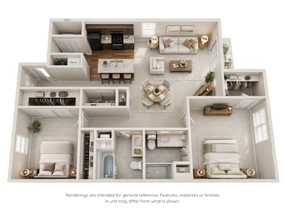 A 3D rendered image of a house layout.