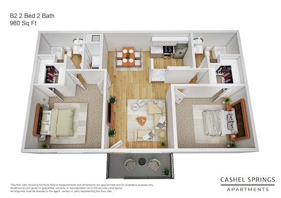 A floor plan of a 2 bedroom, 2 bath apartment sized 960 square feet.