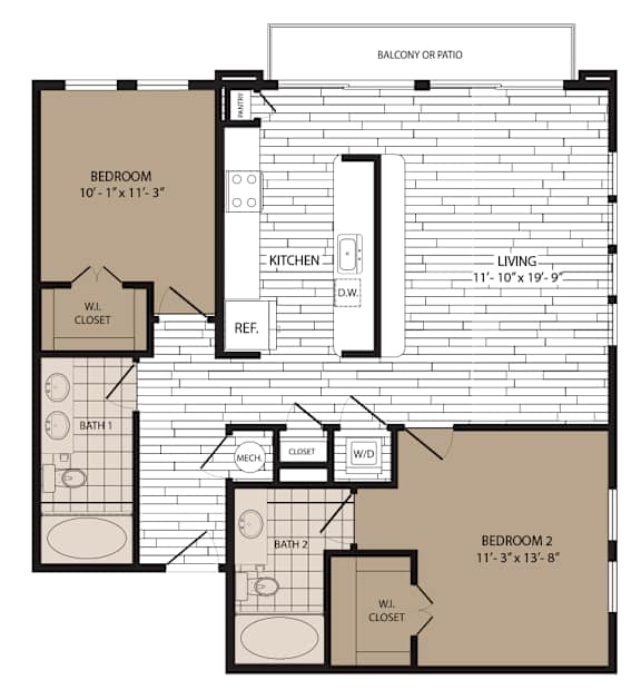 A floor plan of a small apartment with two bedrooms, a kitchen, and two bathrooms.
