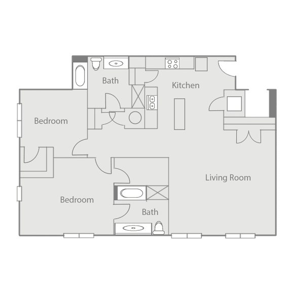 A floor plan of a house with two bedrooms, a living room, a kitchen, and two bathrooms.