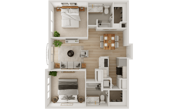 A top-down view of a well-organized kitchen and living room area.