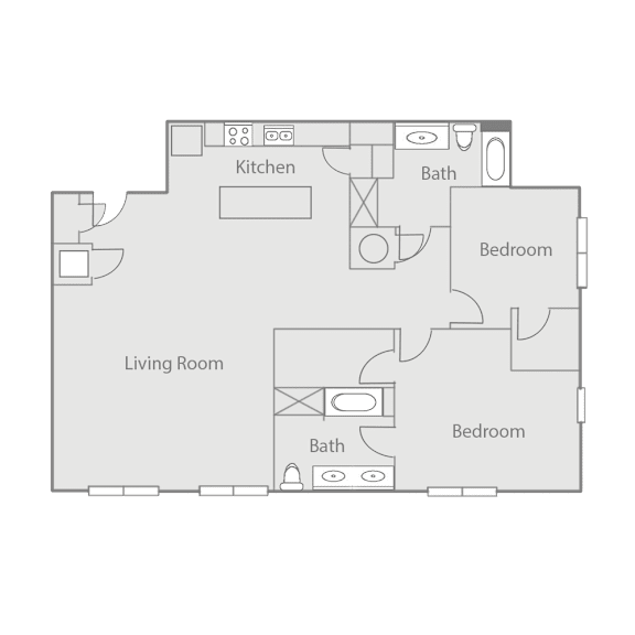A floor plan of a house with a kitchen, living room, and two bedrooms.