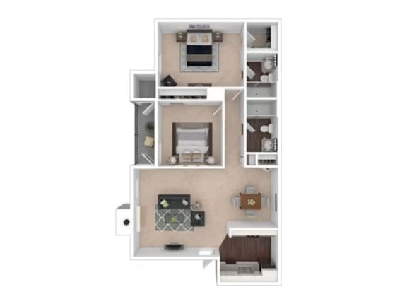 From the entry door at the bottom center, the kitchen is immediately ahead on the right, with the living room straight ahead and balcony access on the left. The first bedroom is located at the top left with an en-suite bathroom. The second bedroom is at the top right with a second bathroom located off the hallway outside the bedroom