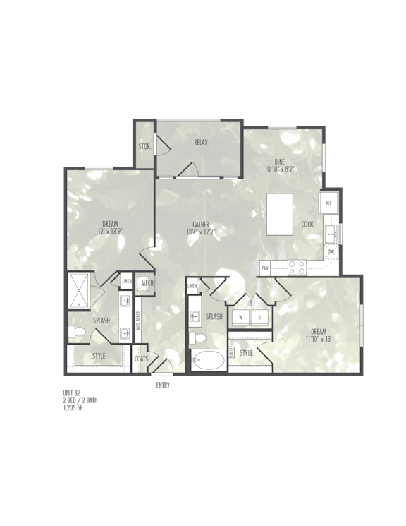 A floor plan of a house with a garage, living room, kitchen, and two bedrooms.