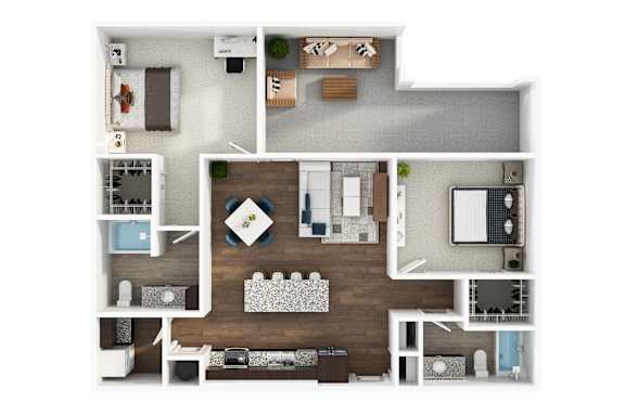 A floor plan of a house with a living room, two bedrooms, a dining room, kitchen, pantry, bathroom, and walk-in closet.