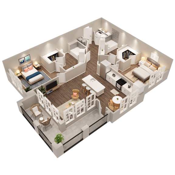 A 3D rendered image of a modern apartment layout.