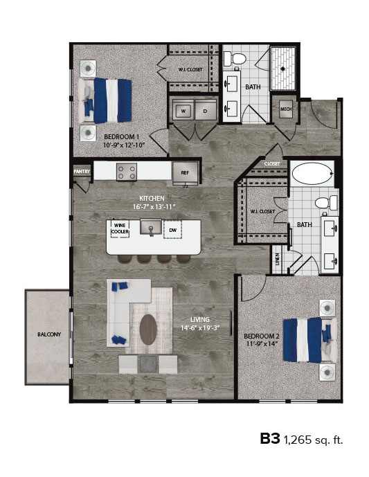 A floor plan of a 1,265 square foot home with two bedrooms, a living room, a kitchen, a bath, and a balcony.