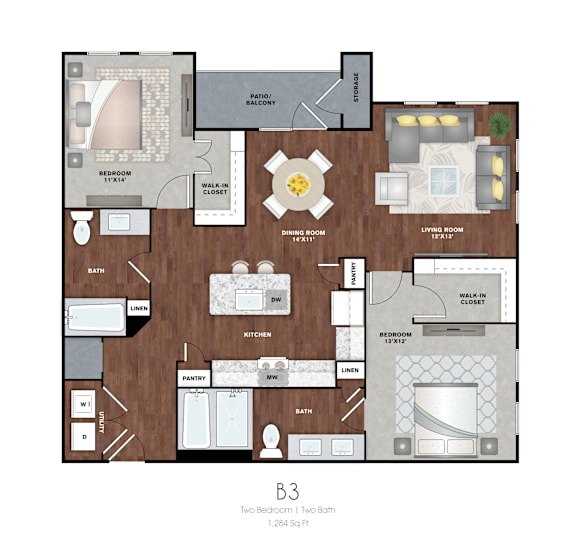 A floor plan of a two-bedroom, two-bathroom apartment.
