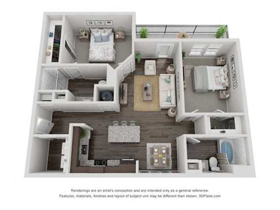 A 3D floor plan of a house with a kitchen, living room, and two bedrooms.