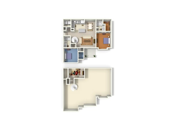 A floor plan of a two-story house with a kitchen, living room, and bedrooms.